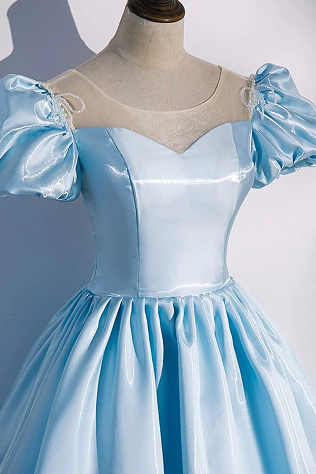 Blue Satin Long Prom Dress Blue A-Line Scoop Neckline Short Sleeve Evening Dress simple gentle atmospheric and unique desi Bring summer colors to enhance white