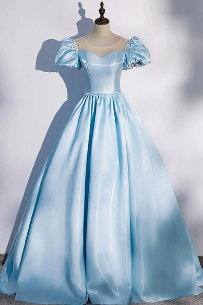 Blue Satin Long Prom Dress Blue A-Line Scoop Neckline Short Sleeve Evening Dress simple gentle atmospheric and unique desi Bring summer colors to enhance white
