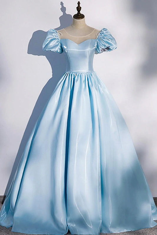 Blue Satin Long Prom Dress Blue A-Line Scoop Neckline Short Sleeve Evening Dress simple gentle atmospheric and unique desi Bring summer colors to enhance white