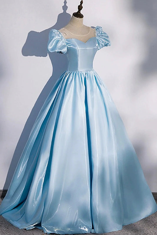 Blue Satin Long Prom Dress Blue A-Line Scoop Neckline Short Sleeve Evening Dress simple gentle atmospheric and unique desi Bring summer colors to enhance white