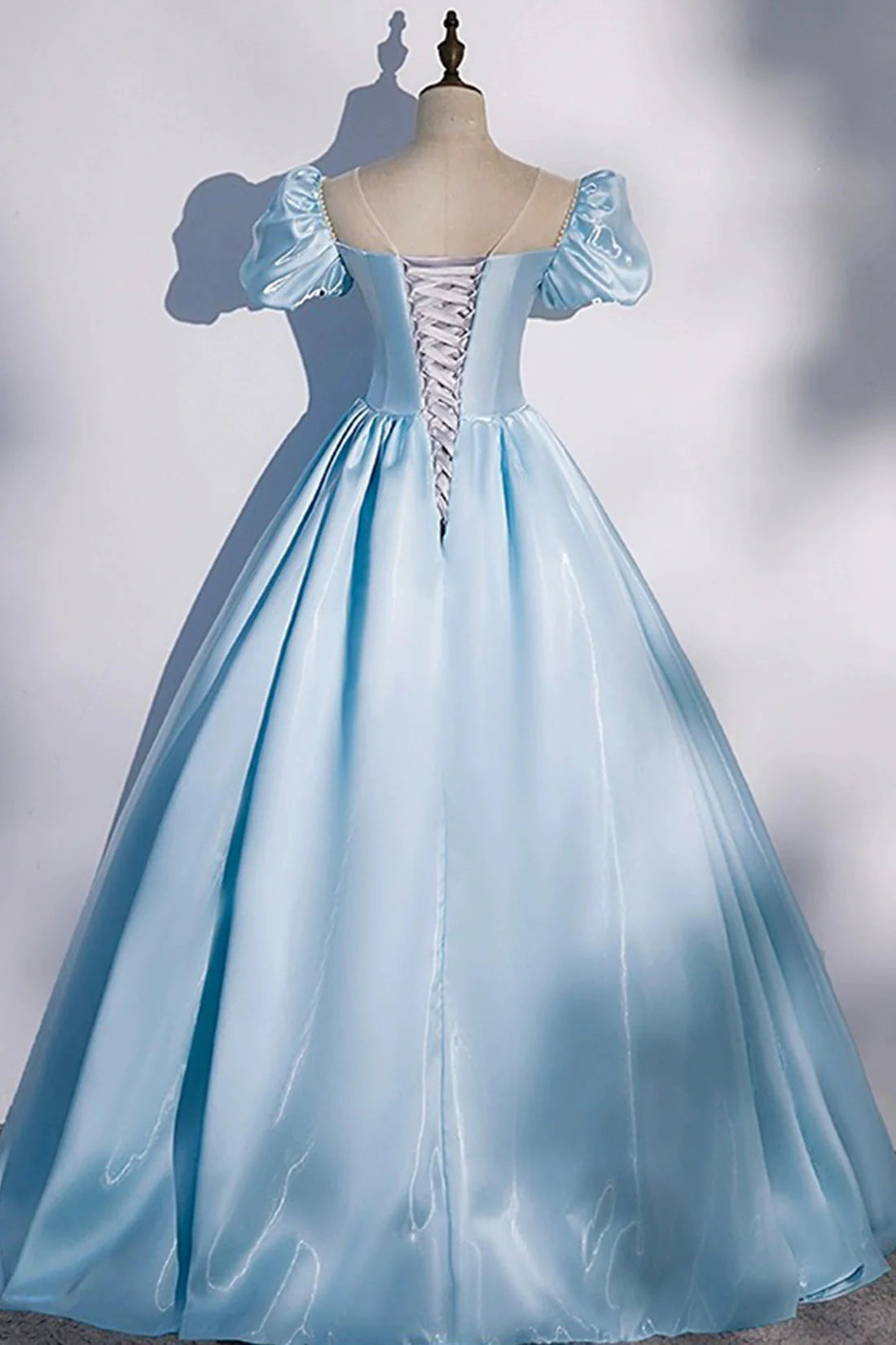 Blue Satin Long Prom Dress Blue A-Line Scoop Neckline Short Sleeve Evening Dress simple gentle atmospheric and unique desi Bring summer colors to enhance white