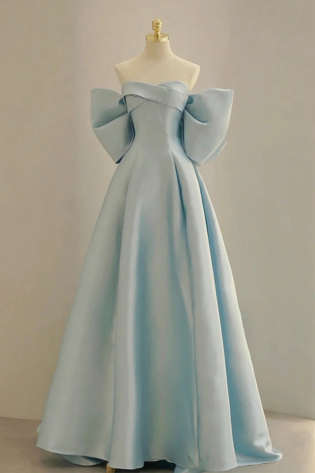 Blue Satin Long Prom Dress with Big Bow Blue A-Line Evening Party Dress simple gentle atmospheric and unique desi Bring summer colors to enhance white