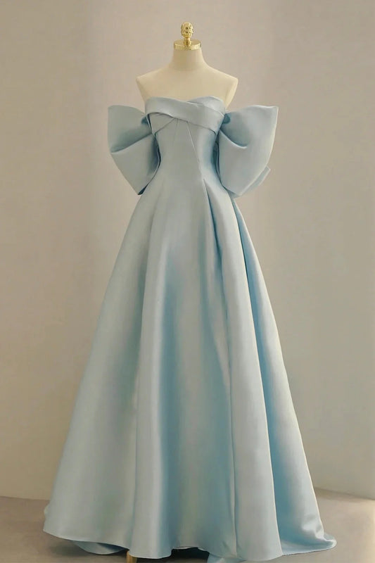 Blue Satin Long Prom Dress with Big Bow Blue A-Line Evening Party Dress simple gentle atmospheric and unique desi Bring summer colors to enhance white