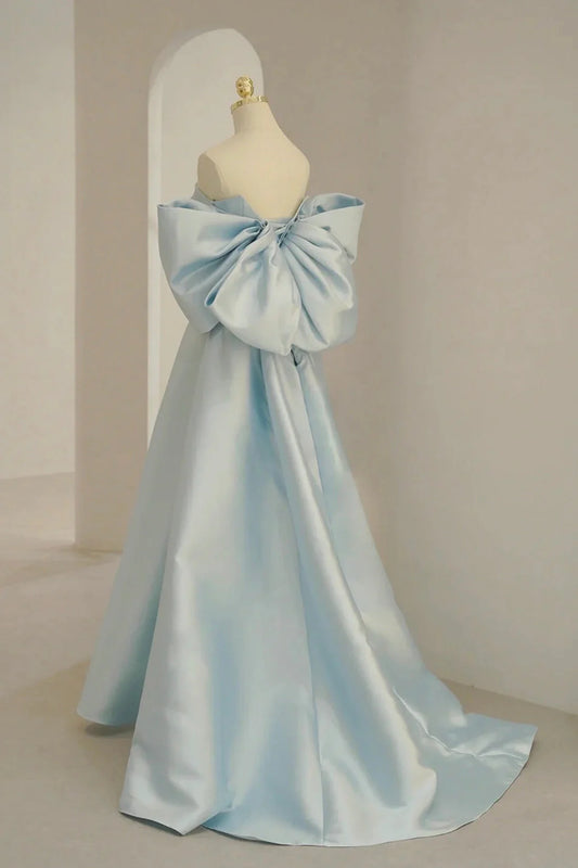Blue Satin Long Prom Dress with Big Bow Blue A-Line Evening Party Dress simple gentle atmospheric and unique desi Bring summer colors to enhance white