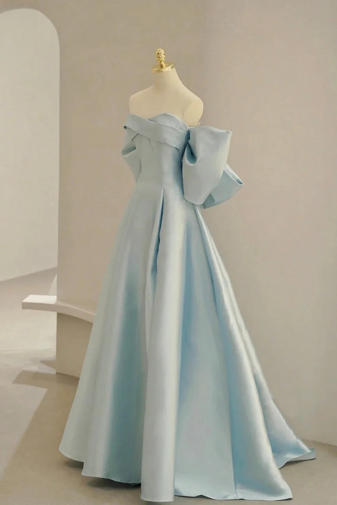 Blue Satin Long Prom Dress with Big Bow Blue A-Line Evening Party Dress simple gentle atmospheric and unique desi Bring summer colors to enhance white