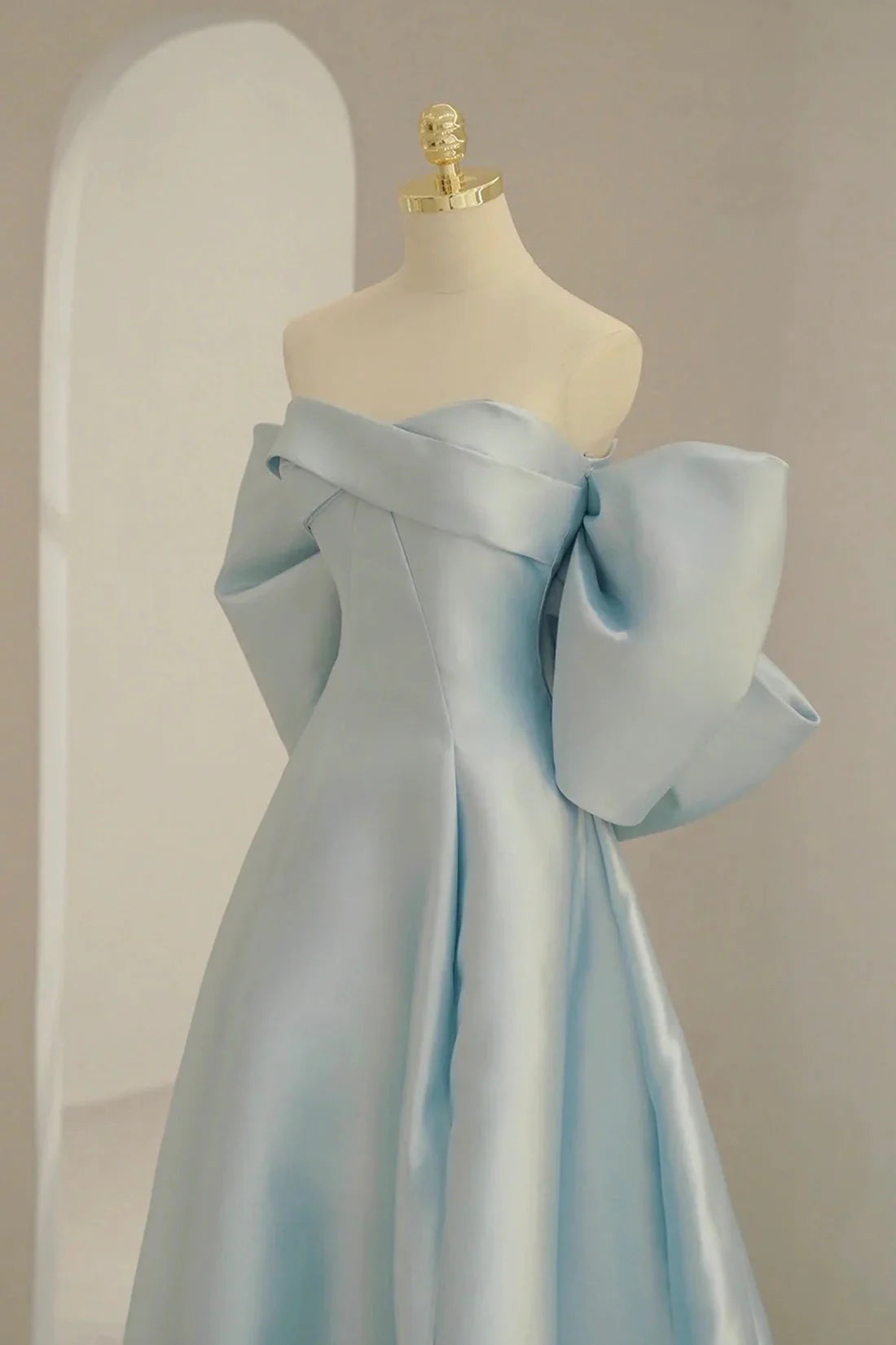 Blue Satin Long Prom Dress with Big Bow Blue A-Line Evening Party Dress simple gentle atmospheric and unique desi Bring summer colors to enhance white