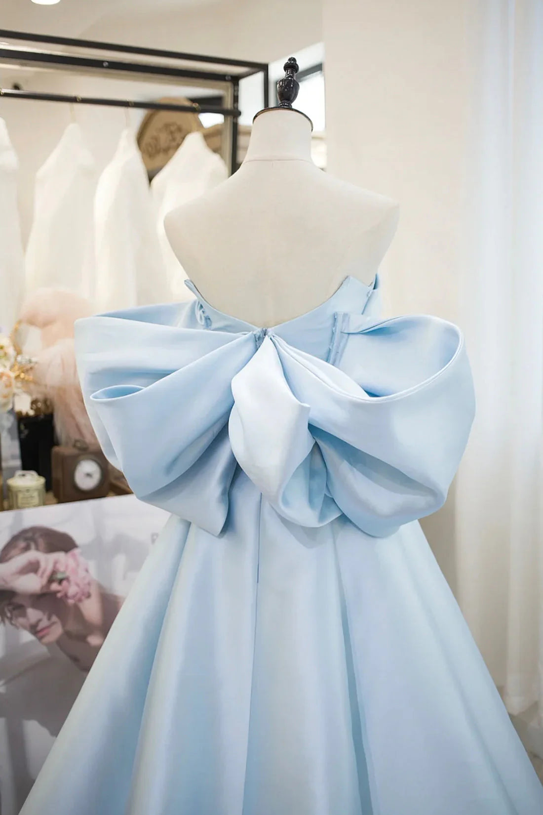 Blue Satin Spaghetti Strap Long Prom Dress with Big Bow Blue A-Line Evening Party Dress simple gentle atmospheric and unique desi Bring summer colors to enhance white