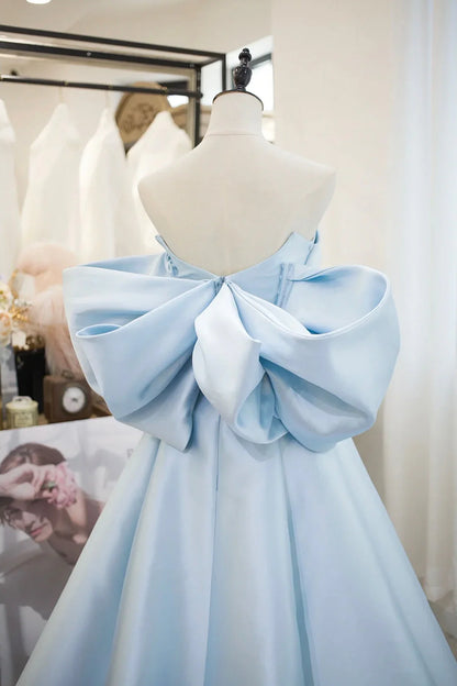 Blue Satin Spaghetti Strap Long Prom Dress with Big Bow Blue A-Line Evening Party Dress simple gentle atmospheric and unique desi Bring summer colors to enhance white