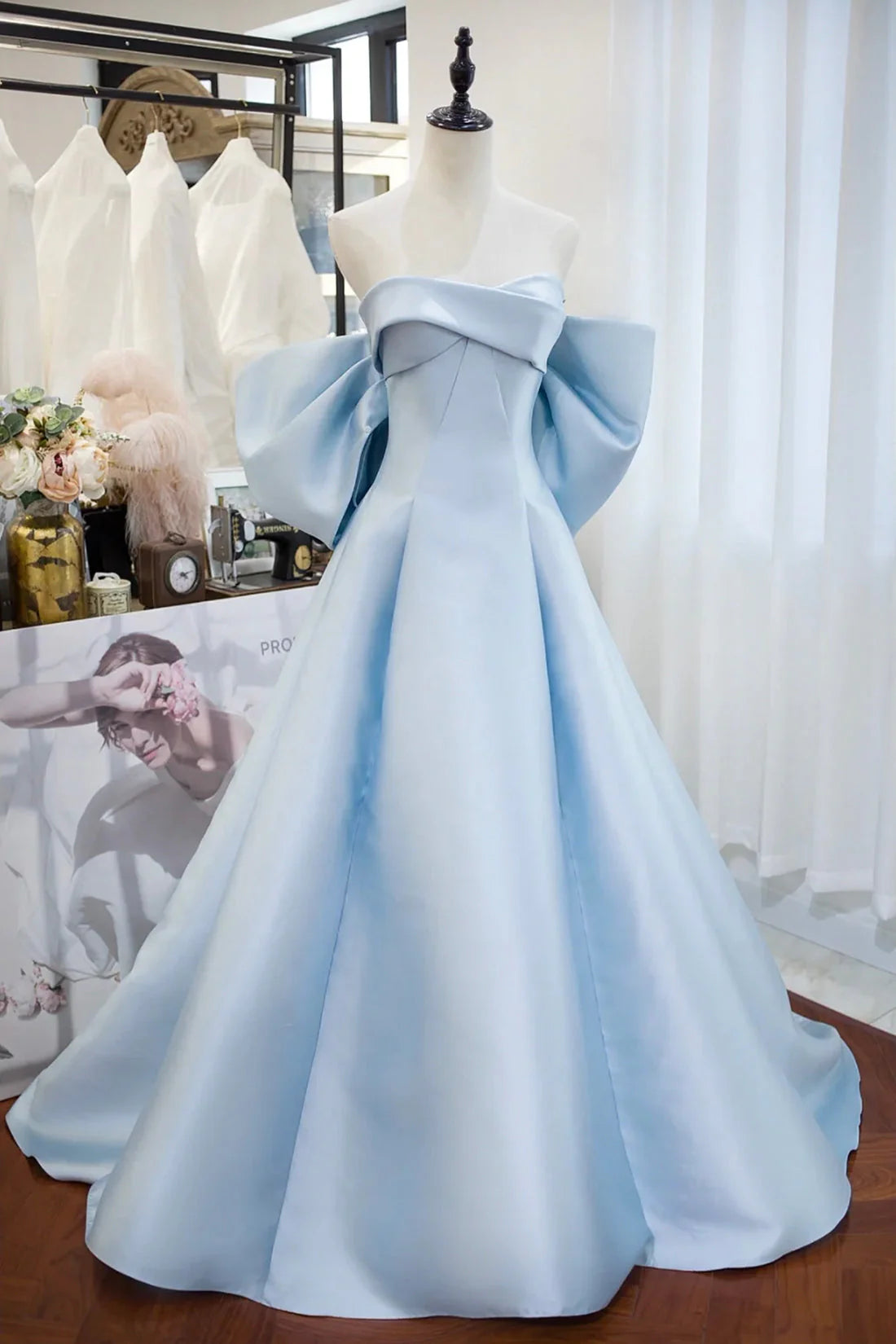 Blue Satin Spaghetti Strap Long Prom Dress with Big Bow Blue A-Line Evening Party Dress simple gentle atmospheric and unique desi Bring summer colors to enhance white