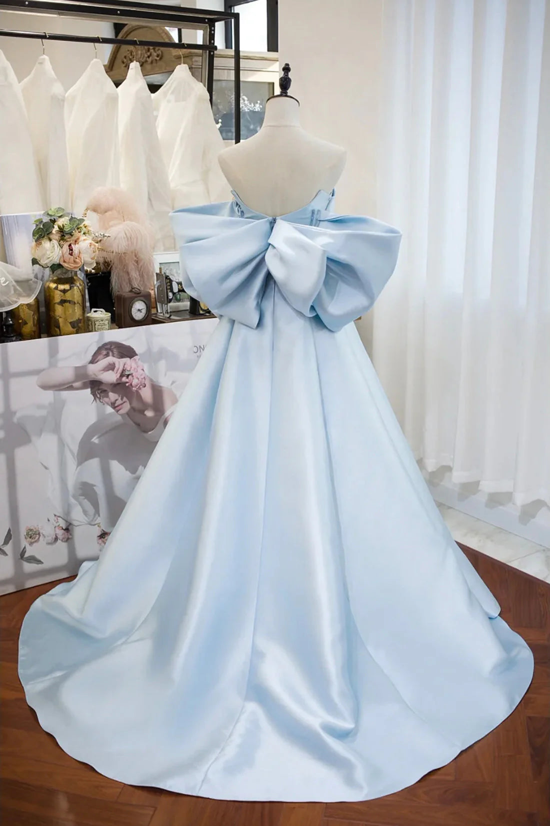 Blue Satin Spaghetti Strap Long Prom Dress with Big Bow Blue A-Line Evening Party Dress simple gentle atmospheric and unique desi Bring summer colors to enhance white