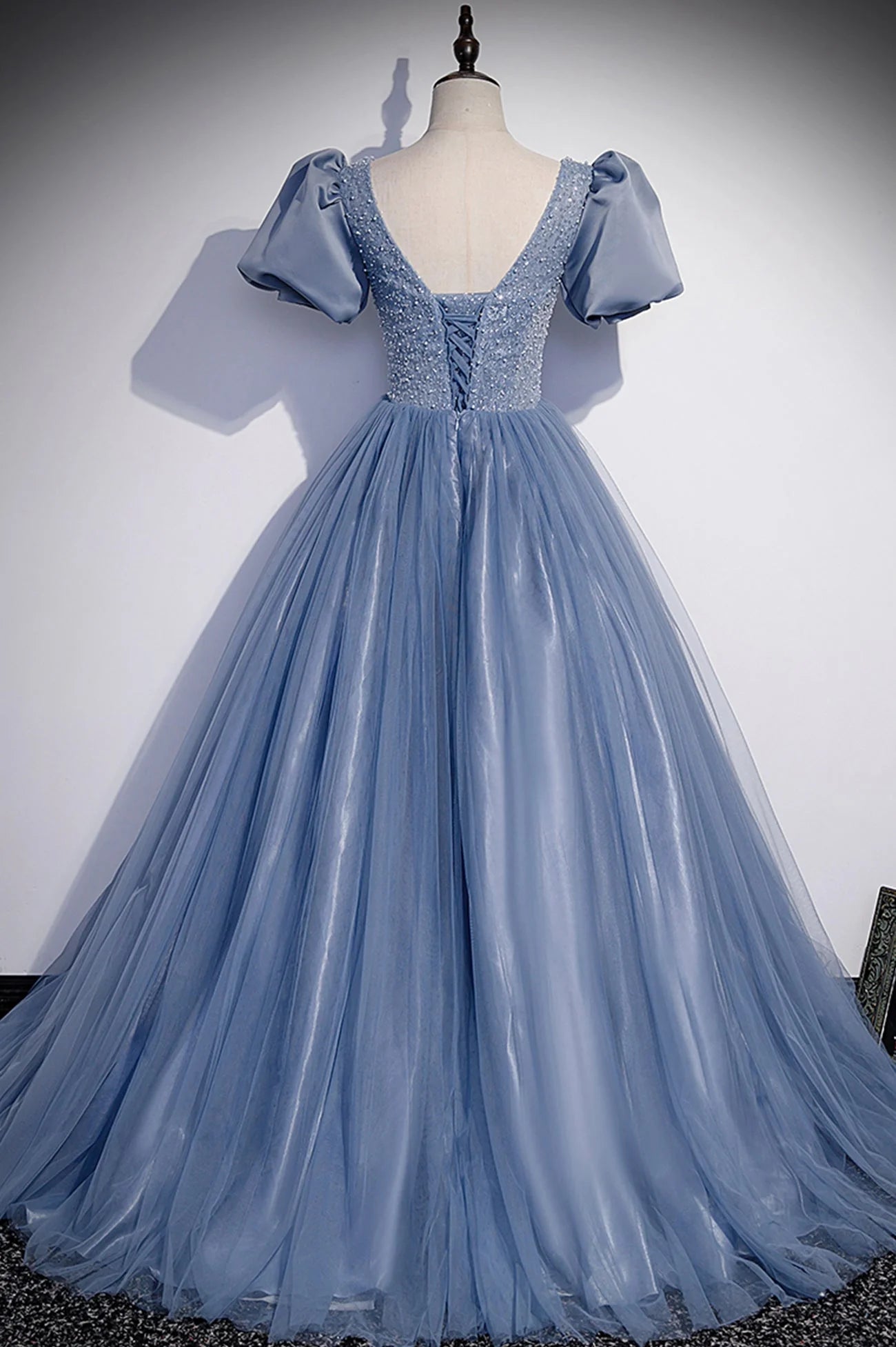 Blue Scoop Tulle Long Prom Dress A-Line Short Sleeve Formal Dress simple gentle atmospheric and unique desi Bring summer colors to enhance whitenes