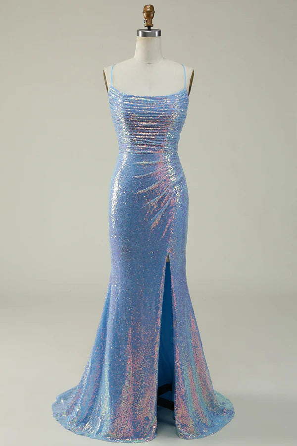 Blue Sequined Spaghetti Straps Mermaid Prom Dress Simple gentle atmospheric and unique design