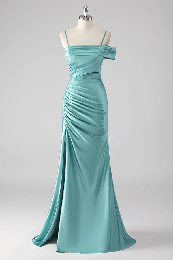 Blue Sheath Pleated Spaghetti Straps Long Prom Dress simple gentle atmospheric and unique desi Bring summer colors to enhance whiteness