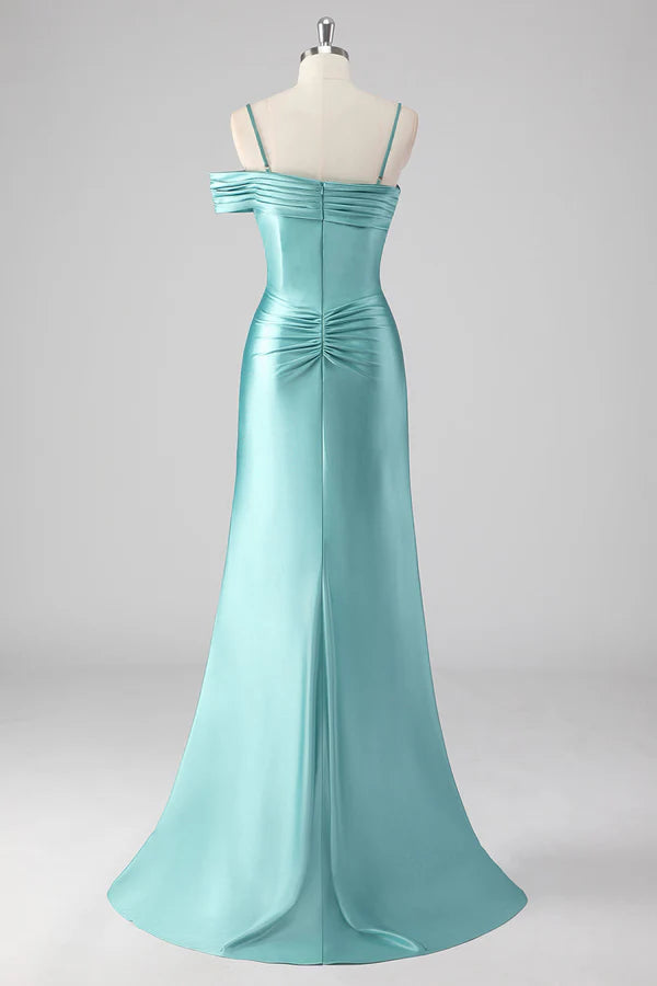 Blue Sheath Pleated Spaghetti Straps Long Prom Dress simple gentle atmospheric and unique desi Bring summer colors to enhance whiteness