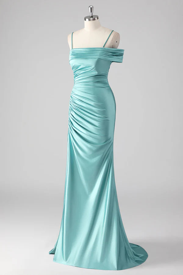 Blue Sheath Pleated Spaghetti Straps Long Prom Dress simple gentle atmospheric and unique desi Bring summer colors to enhance whiteness