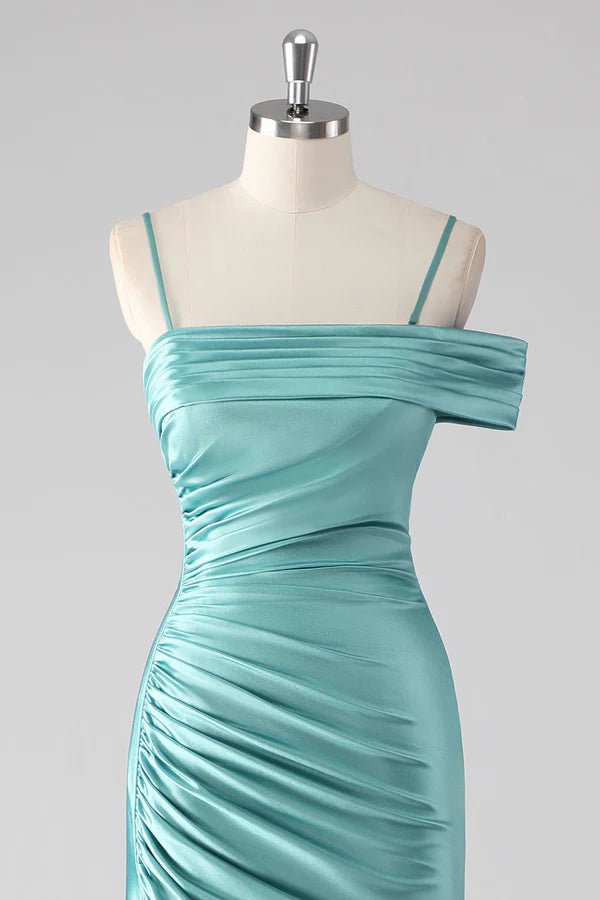 Blue Sheath Pleated Spaghetti Straps Long Prom Dress simple gentle atmospheric and unique desi Bring summer colors to enhance whiteness