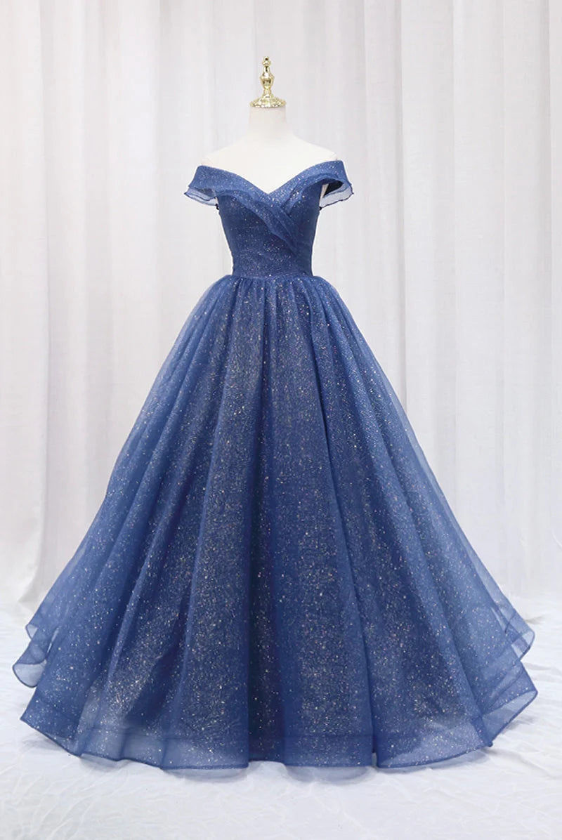 Blue Shiny Tulle Off the Shoulder Prom Dress Blue V-Neck Evening Dress simple gentle atmospheric and unique desi Bring summer colors to enhance whitenes