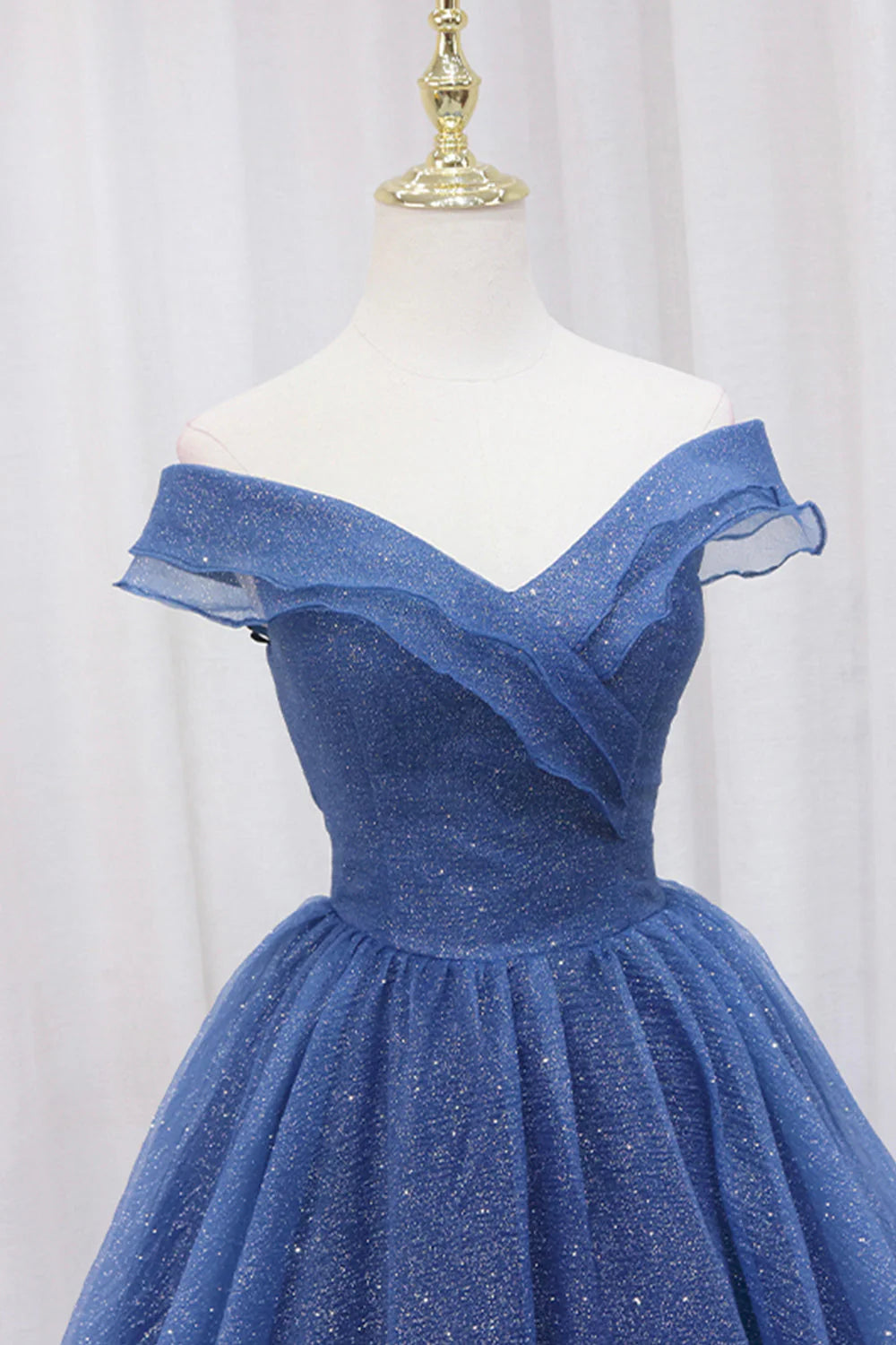 Blue Shiny Tulle Off the Shoulder Prom Dress Blue V-Neck Evening Dress simple gentle atmospheric and unique desi Bring summer colors to enhance whitenes