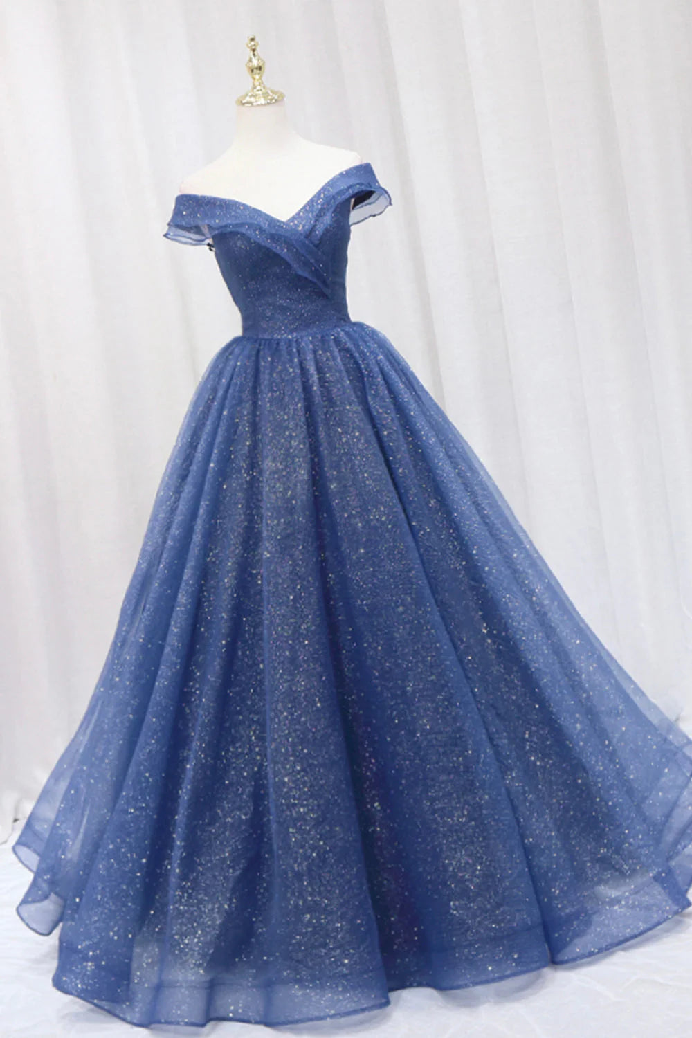 Blue Shiny Tulle Off the Shoulder Prom Dress Blue V-Neck Evening Dress simple gentle atmospheric and unique desi Bring summer colors to enhance whitenes