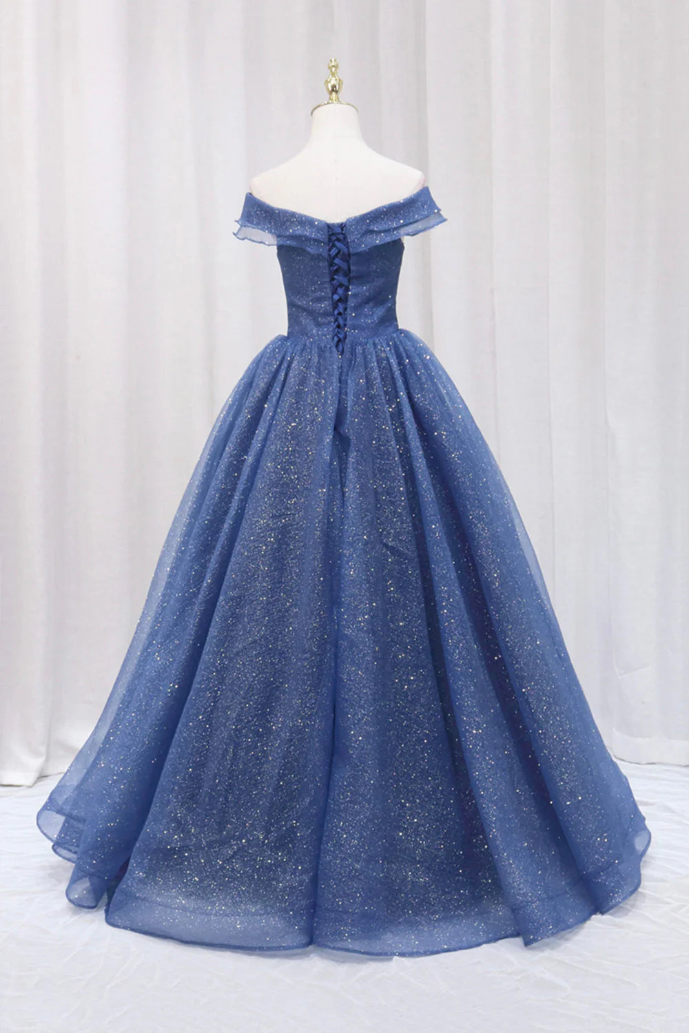 Blue Shiny Tulle Off the Shoulder Prom Dress Blue V-Neck Evening Dress simple gentle atmospheric and unique desi Bring summer colors to enhance whitenes