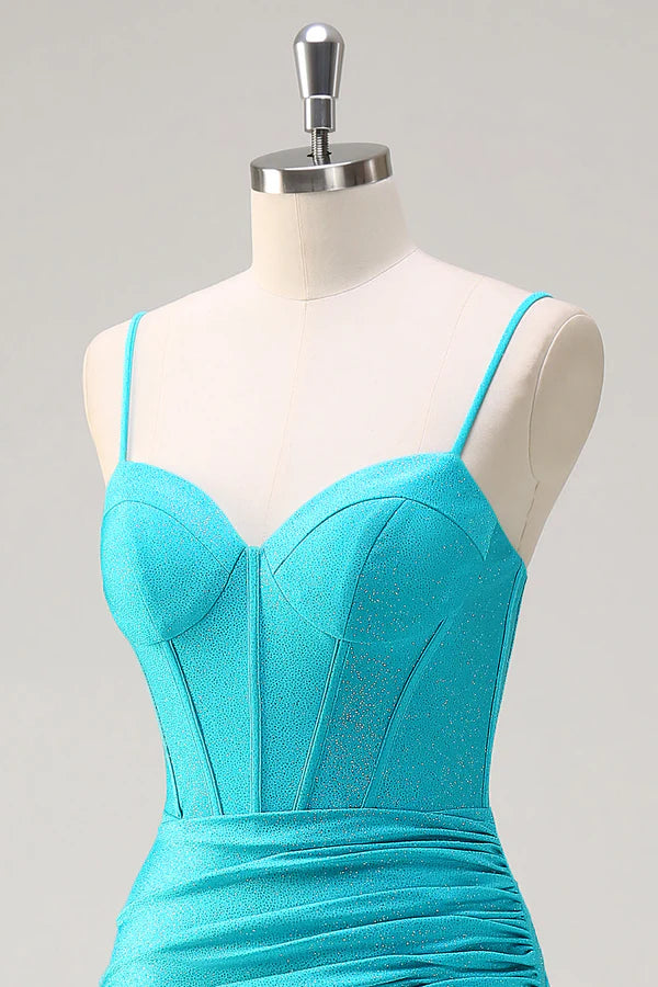 Blue Spaghetti Straps Mermaid Beaded Long Corset Prom Dress with Ruffle Slit simple gentle atmospheric and unique desi