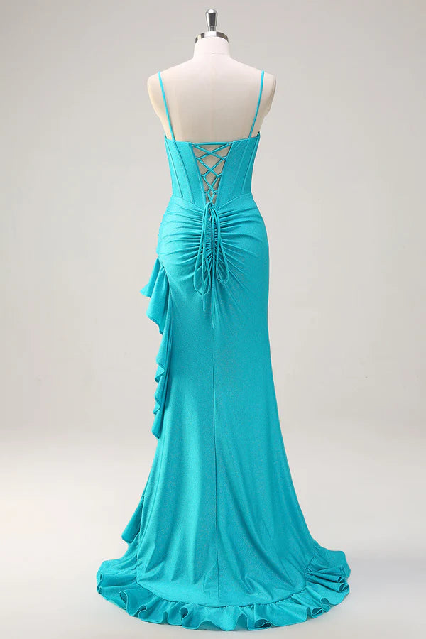 Blue Spaghetti Straps Mermaid Beaded Long Corset Prom Dress with Ruffle Slit simple gentle atmospheric and unique desi