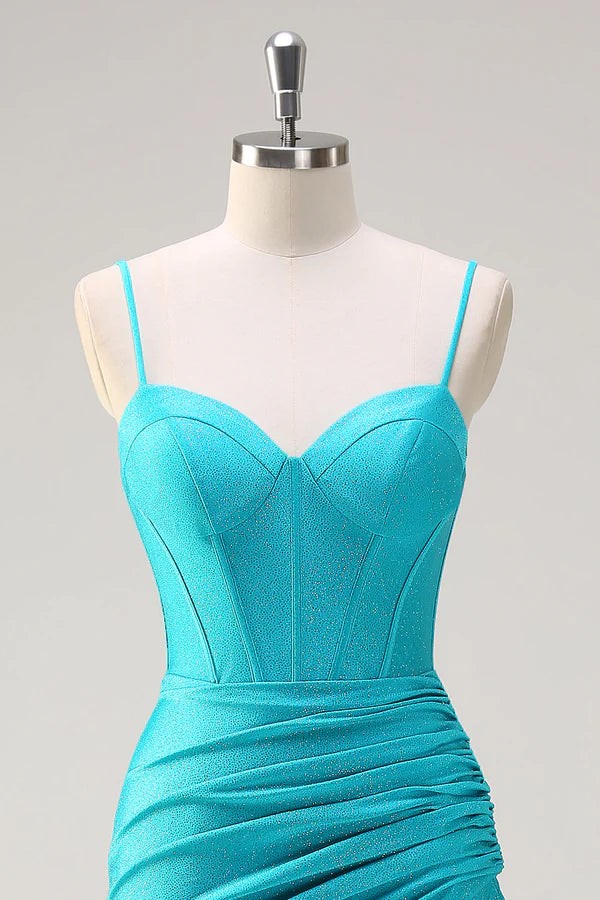 Blue Spaghetti Straps Mermaid Beaded Long Corset Prom Dress with Ruffle Slit simple gentle atmospheric and unique desi