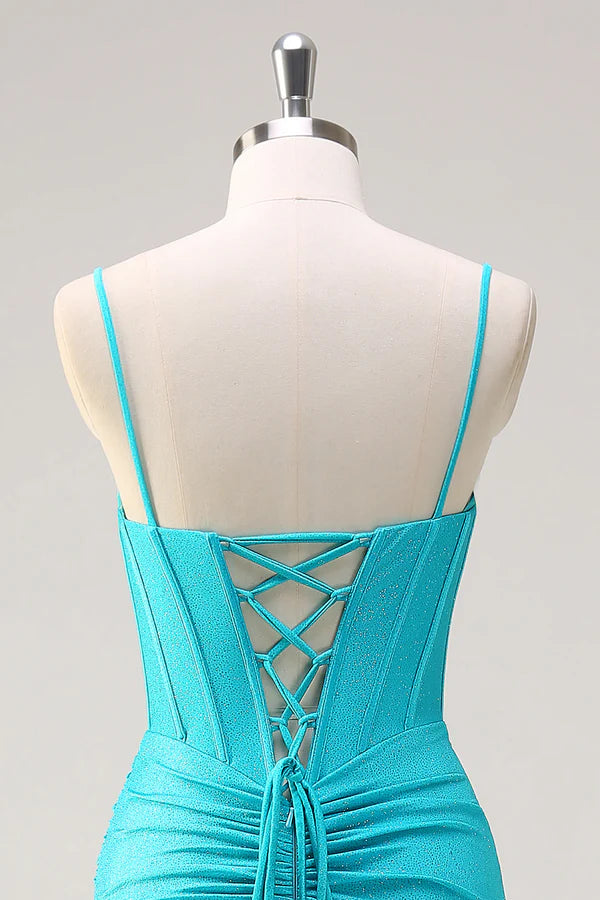 Blue Spaghetti Straps Mermaid Beaded Long Corset Prom Dress with Ruffle Slit simple gentle atmospheric and unique desi