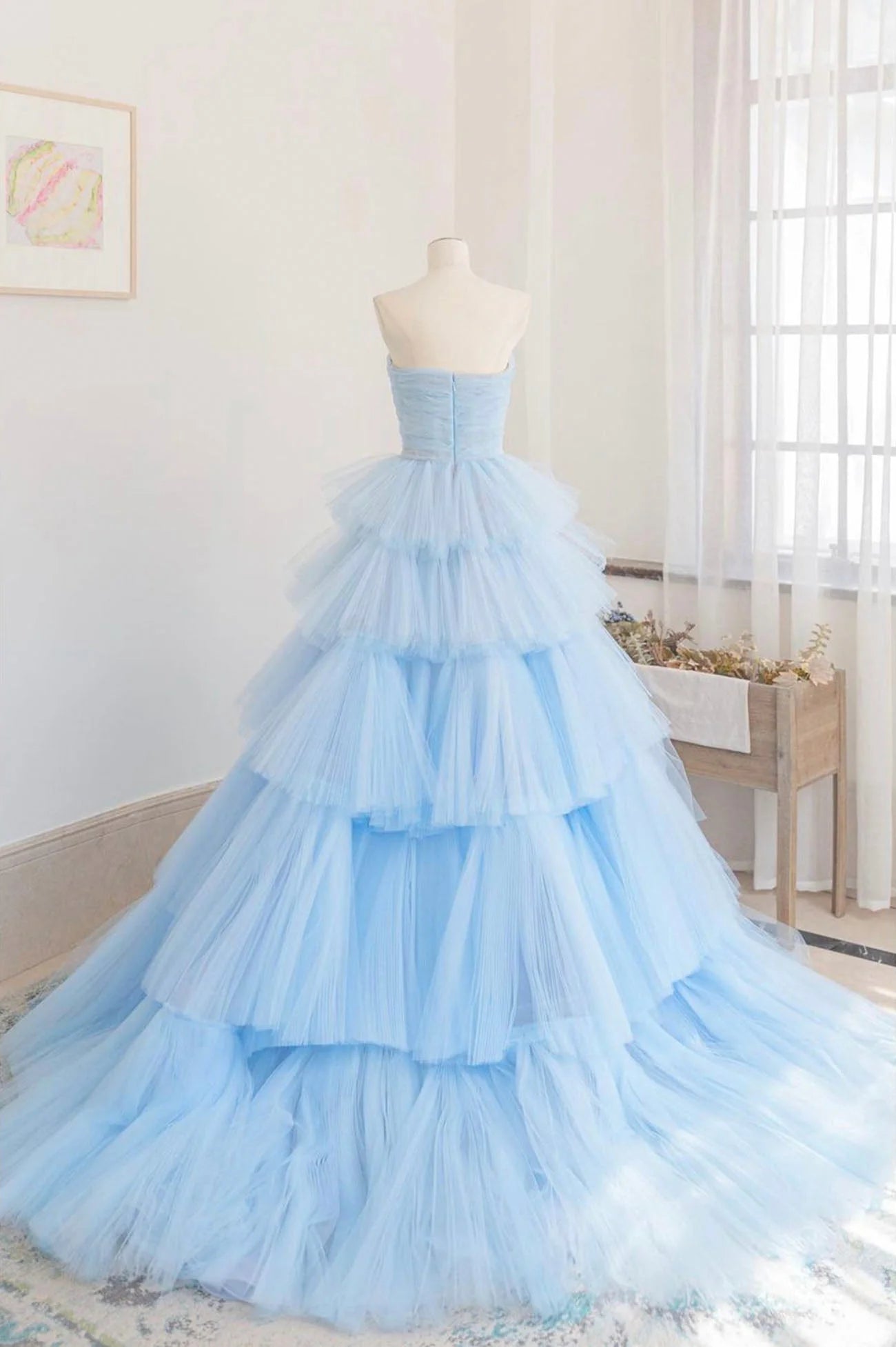 Blue Strapless Tulle Layers Long Prom Dress Beautiful A-Line Evening Dress simple gentle atmospheric and unique desi Bring summer colors to enhance whitenes