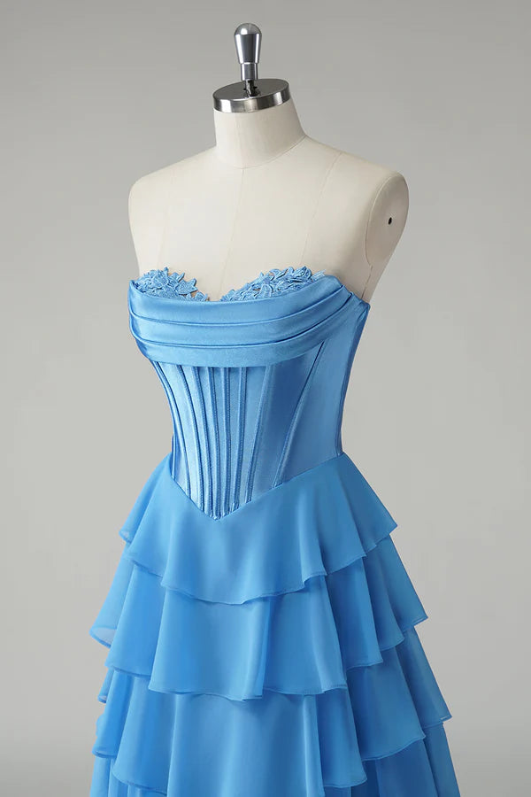 Blue Sweetheart Ruffled A Line Long Prom Dress simple gentle atmospheric and unique desi Bring summer colors to enhance whiteness