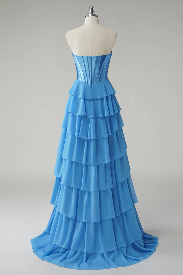 Blue Sweetheart Ruffled A Line Long Prom Dress simple gentle atmospheric and unique desi Bring summer colors to enhance whiteness