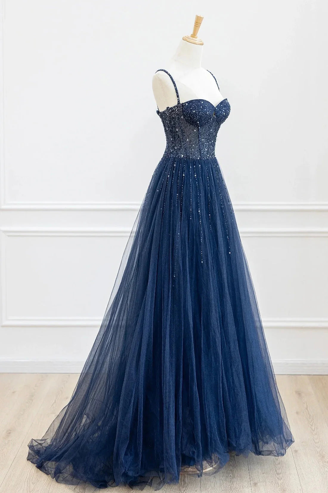 Blue Tulle Beaded Long Prom Dress Formal Dress Blue Evening Dress simple gentle atmospheric and unique desi Bring summer colors to enhance white
