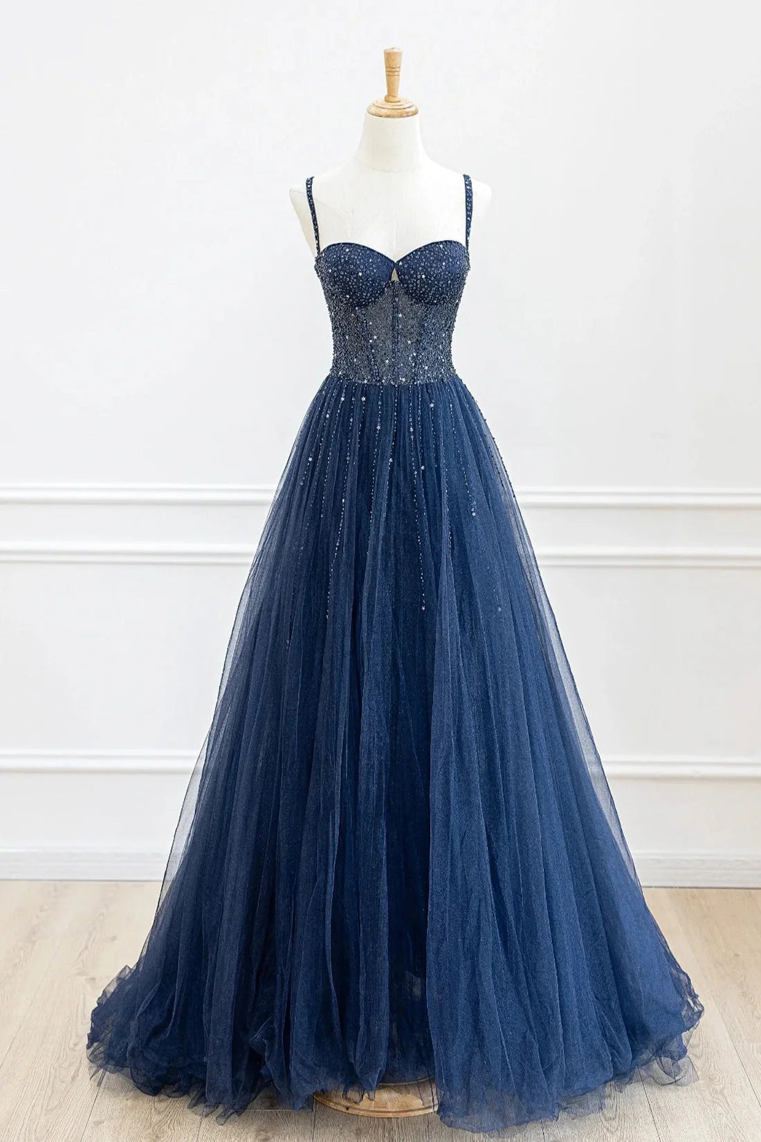 Blue Tulle Beaded Long Prom Dress Formal Dress Blue Evening Dress simple gentle atmospheric and unique desi Bring summer colors to enhance white