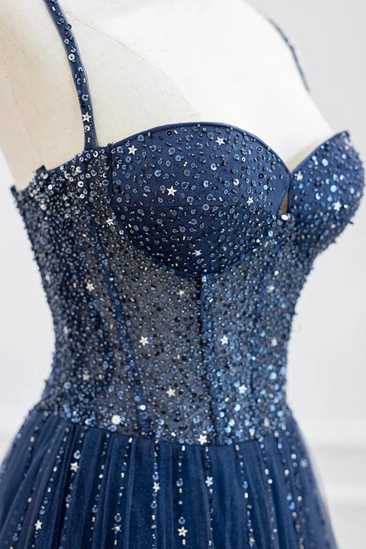 Blue Tulle Beaded Long Prom Dress Formal Dress Blue Evening Dress simple gentle atmospheric and unique desi Bring summer colors to enhance white