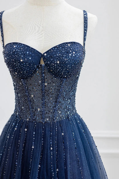 Blue Tulle Beaded Long Prom Dress Formal Dress Blue Evening Dress simple gentle atmospheric and unique desi Bring summer colors to enhance white