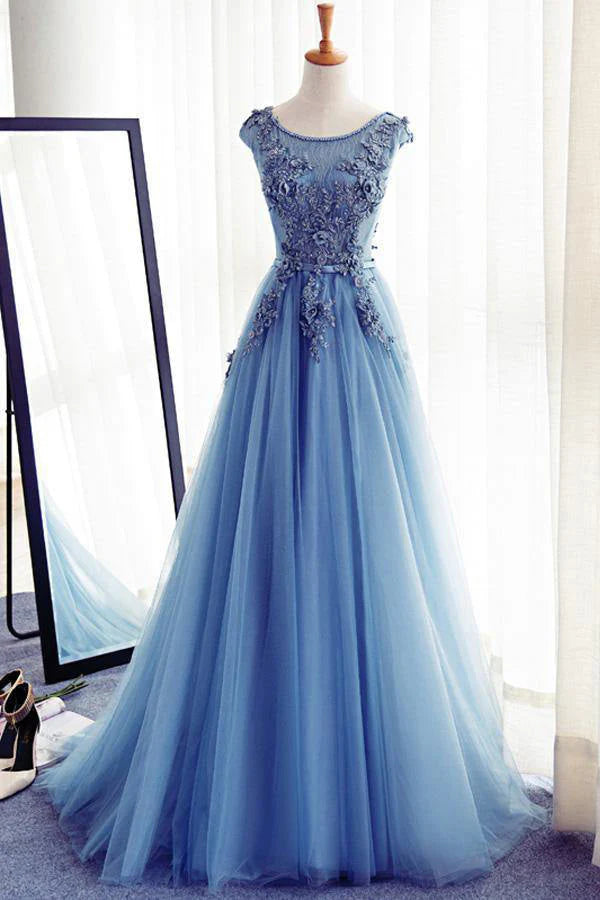 Blue Tulle Cap Sleeve Prom Dress Lace Appliques Evening Dress simple gentle atmospheric and unique desi Bring summer colors to enhance whiteness