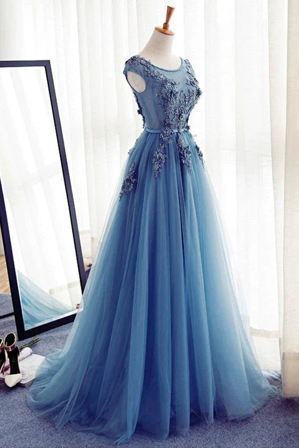 Blue Tulle Cap Sleeve Prom Dress Lace Appliques Evening Dress simple gentle atmospheric and unique desi Bring summer colors to enhance whiteness