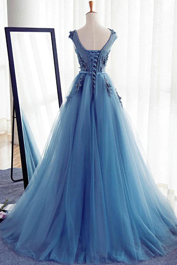 Blue Tulle Cap Sleeve Prom Dress Lace Appliques Evening Dress simple gentle atmospheric and unique desi Bring summer colors to enhance whiteness