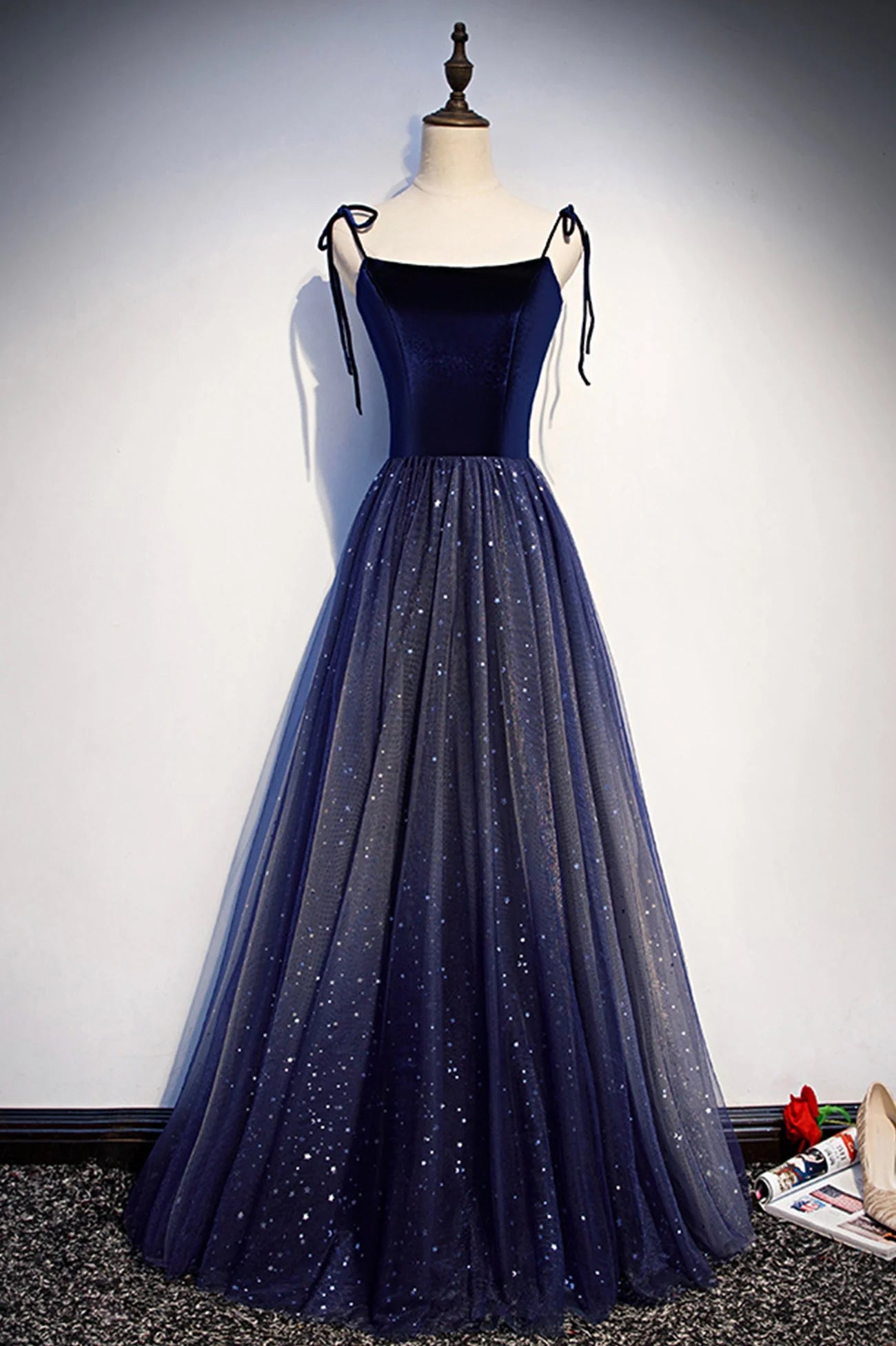 Blue Tulle Long A-Line Prom Dress Blue Spaghetti Strap Evening Party Dress simple gentle atmospheric and unique desi Bring summer colors to enhance whitenes