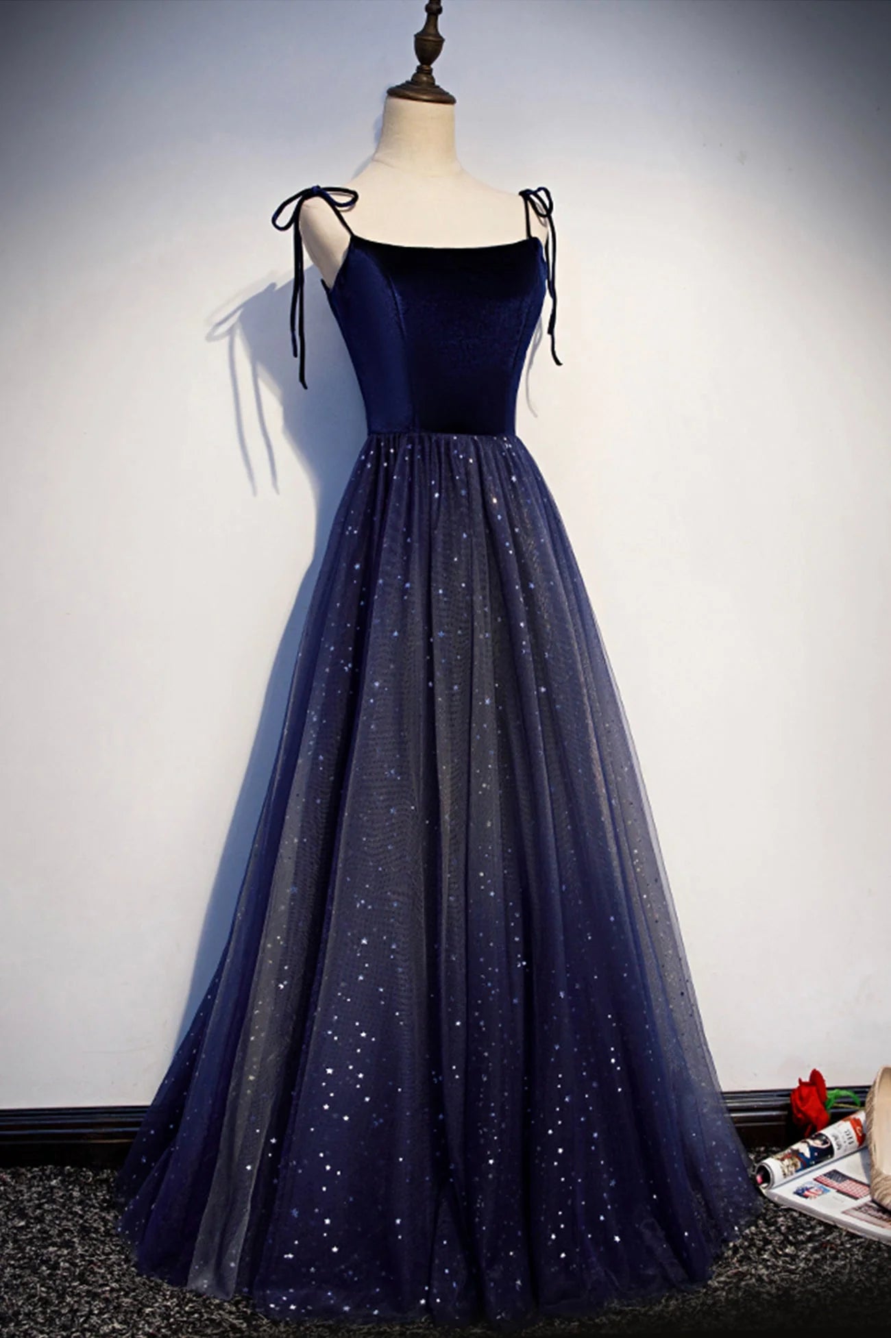 Blue Tulle Long A-Line Prom Dress Blue Spaghetti Strap Evening Party Dress simple gentle atmospheric and unique desi Bring summer colors to enhance whitenes