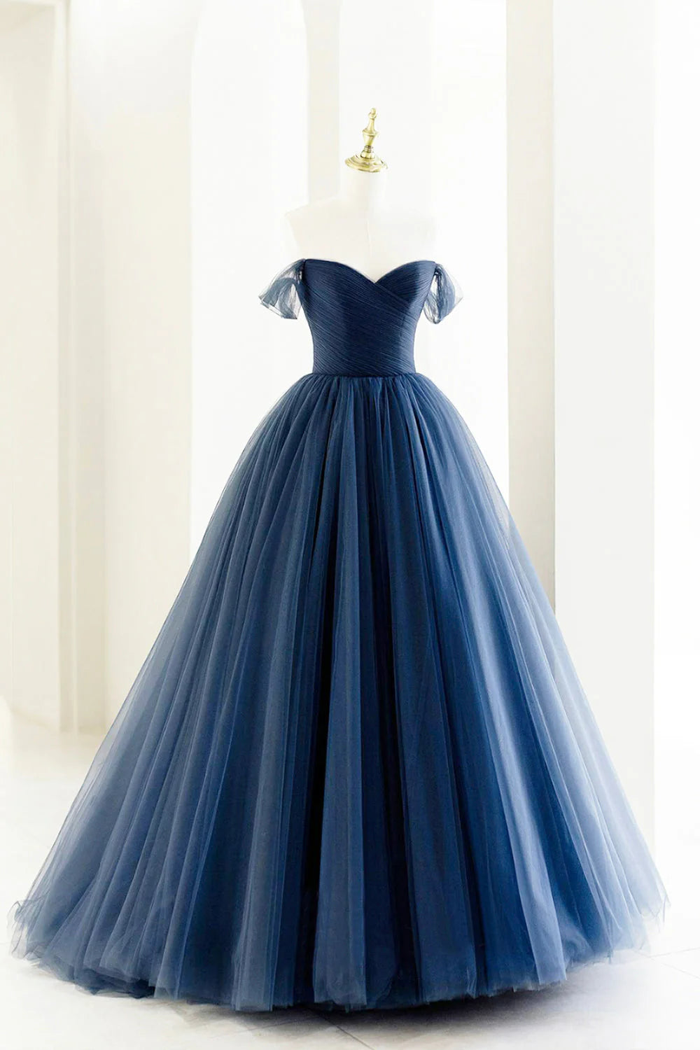 Blue Tulle Long A-Line Prom Dress Off the Shoulder Formal Evening Dress simple gentle atmospheric and unique desi Bring summer colors to enhance white