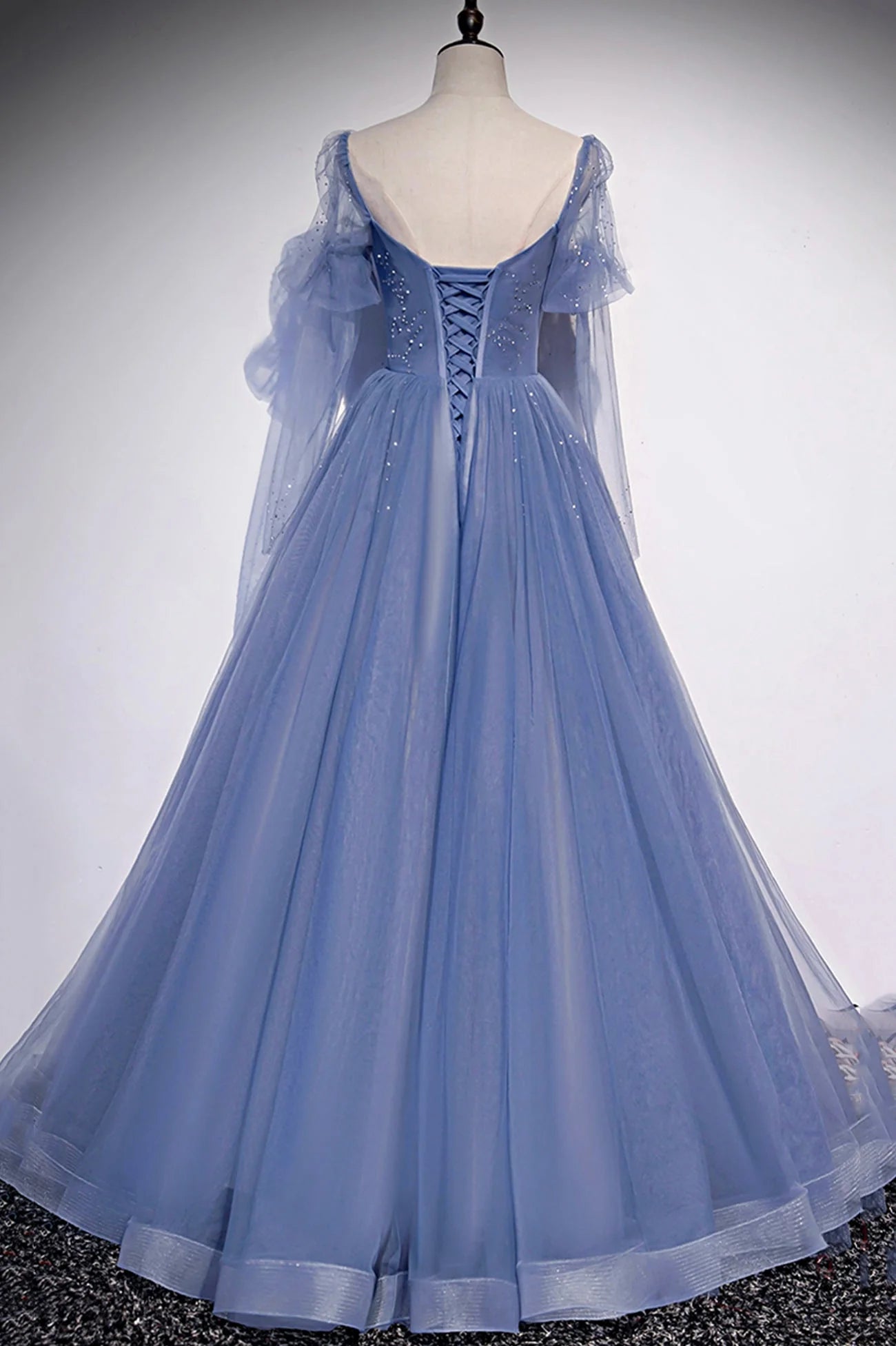 Blue Tulle Long Sleeve Prom Dress  A-Line Blue Evening Party Dress simple gentle atmospheric and unique desi Bring summer colors to enhance whitenes