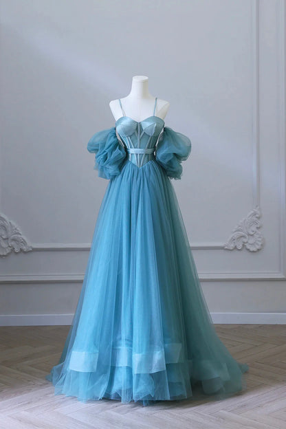 Blue Tulle Long Spaghetti Strap Prom Dress and Corset Detachable off Shoulder Party Dress simple gentle atmospheric and unique desi Bring summer colors to enhance white