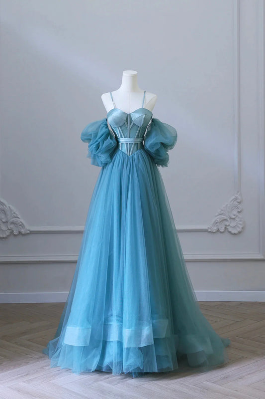 Blue Tulle Long Spaghetti Strap Prom Dress and Corset Detachable off Shoulder Party Dress simple gentle atmospheric and unique desi Bring summer colors to enhance white