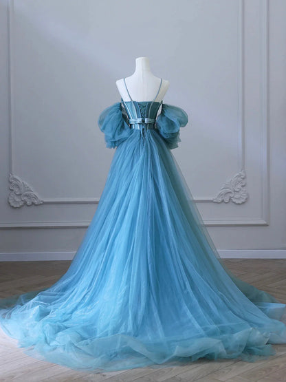 Blue Tulle Long Spaghetti Strap Prom Dress and Corset Detachable off Shoulder Party Dress simple gentle atmospheric and unique desi Bring summer colors to enhance white