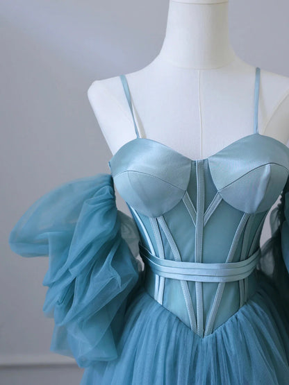 Blue Tulle Long Spaghetti Strap Prom Dress and Corset Detachable off Shoulder Party Dress simple gentle atmospheric and unique desi Bring summer colors to enhance white