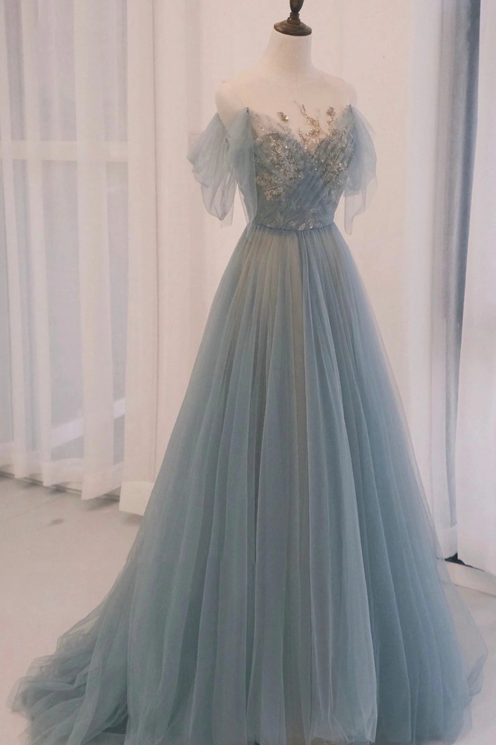 Blue Tulle Sequins Long Prom Dress  A-Line Scoop Neckline Party Dress simple gentle atmospheric and unique desi Bring summer colors to enhance white