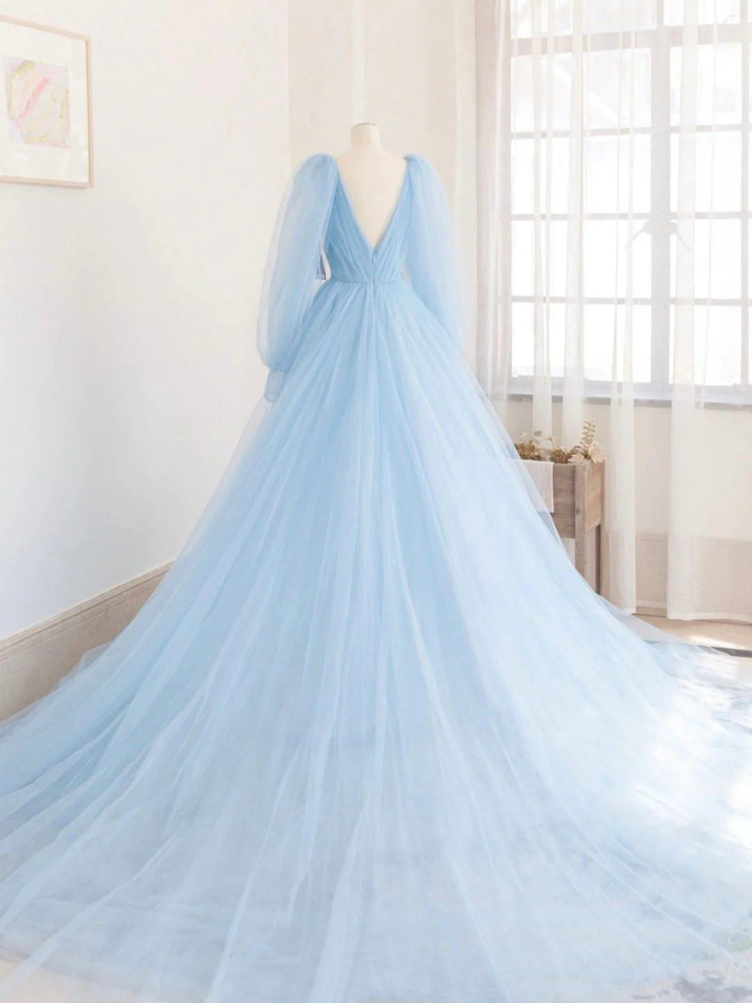 Blue V-Neck Tulle Long Prom Dress  A-Line Long Sleeve Evening Dress simple gentle atmospheric and unique desi Bring summer colors to enhance white