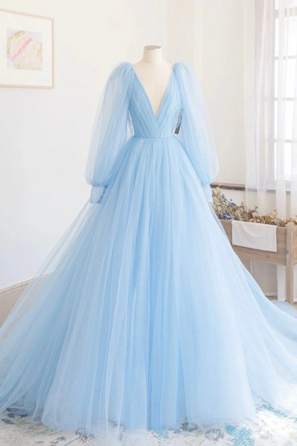 Blue V-Neck Tulle Long Prom Dress  A-Line Long Sleeve Evening Dress simple gentle atmospheric and unique desi Bring summer colors to enhance white