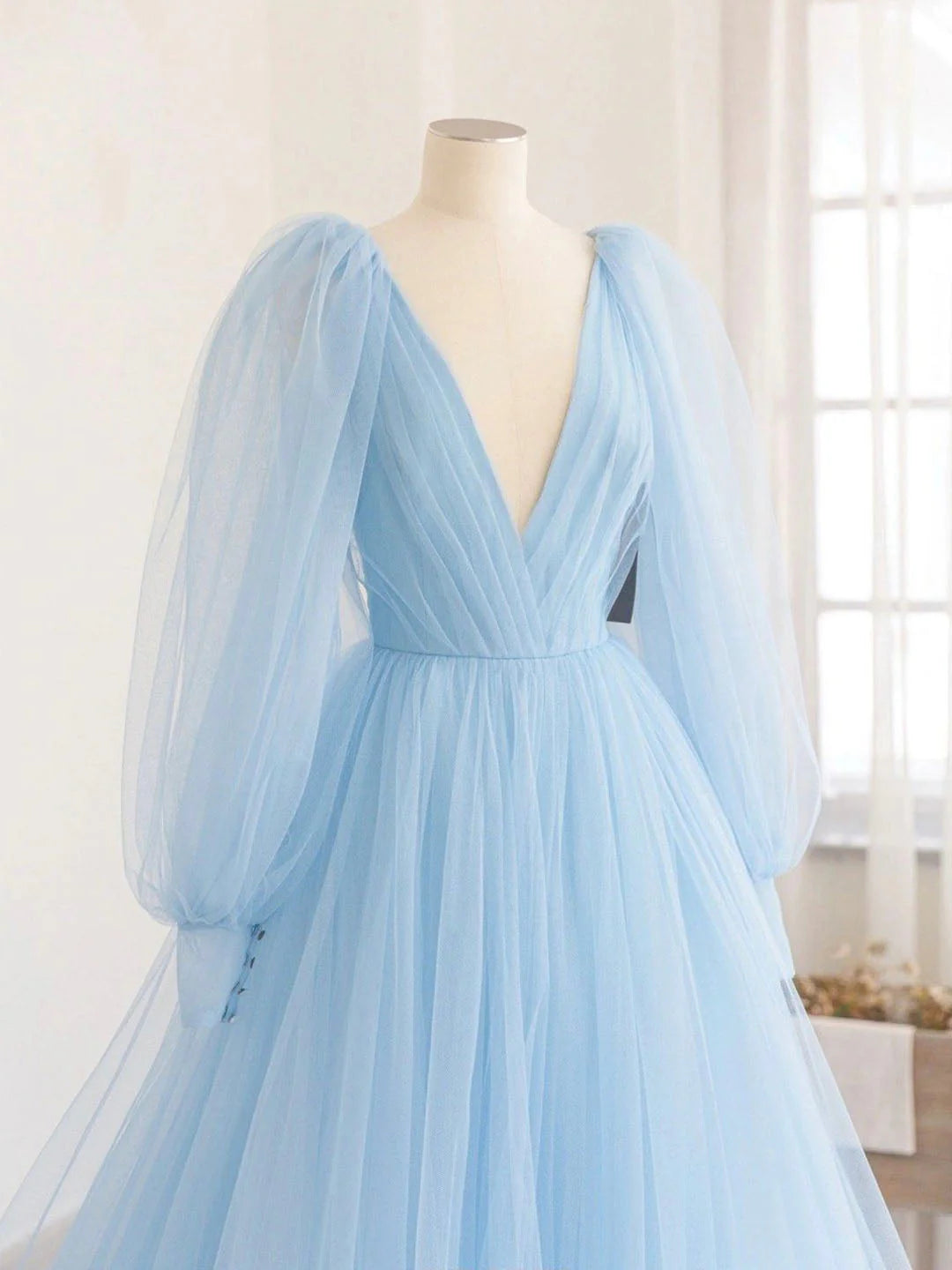Blue V-Neck Tulle Long Prom Dress  A-Line Long Sleeve Evening Dress simple gentle atmospheric and unique desi Bring summer colors to enhance white